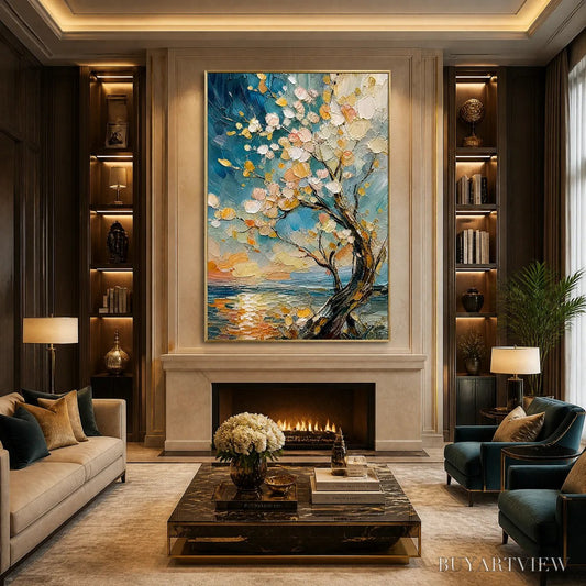 BUYARTVIEW Springtide Tree – Blossom Tree Seascape Painting - image 2