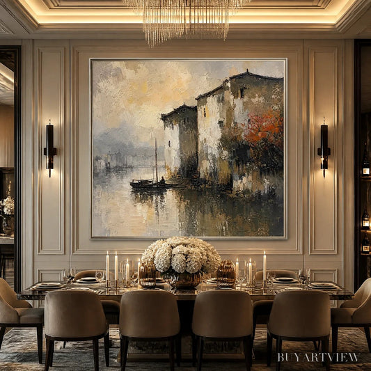 BUYARTVIEW Fogbound Canal – Misty European Cityscape Painting - image 2