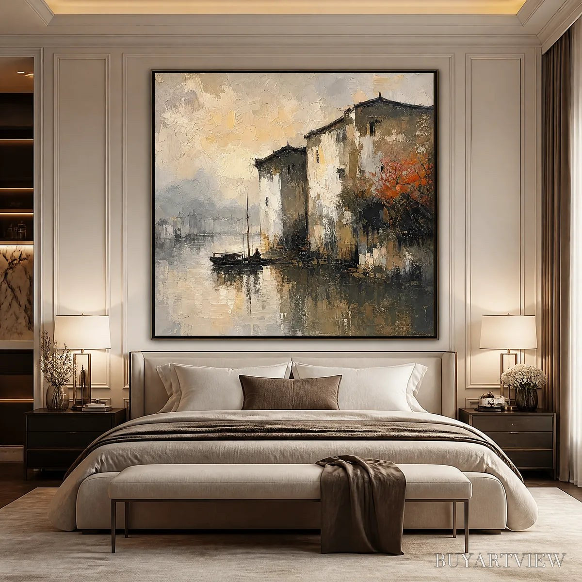 BUYARTVIEW Fogbound Canal – Misty European Cityscape Painting - image 6