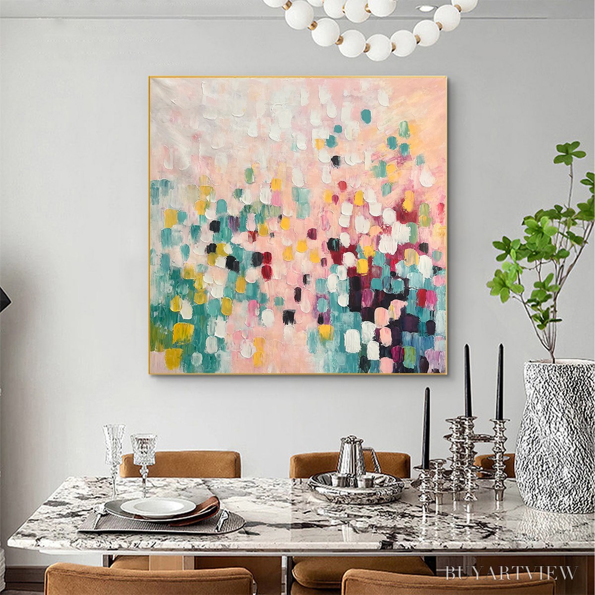 BUYARTVIEW Confetti Dream – Abstract Colorful Oil Painting in Pink, Teal, and Gold - image 6