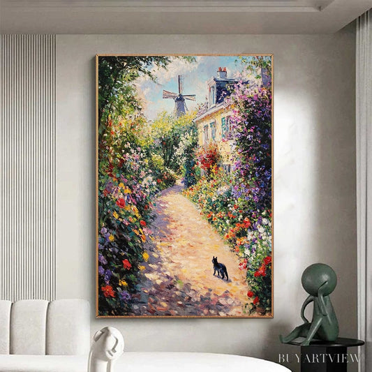 BUYARTVIEW Windmill Way – Charming Village Garden Path Oil Painting - image 2