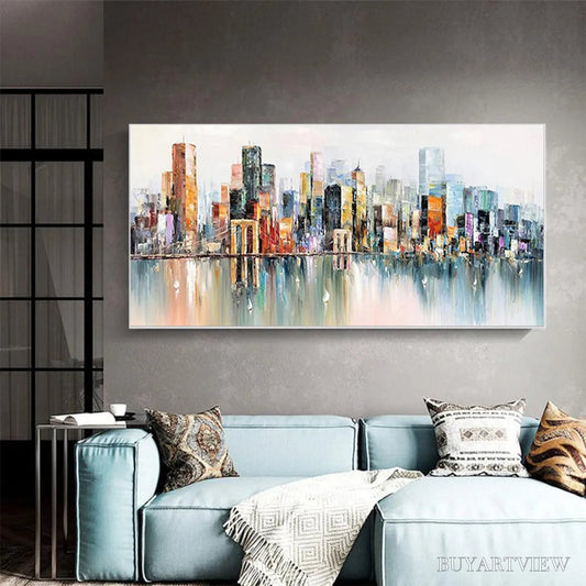 BUYARTVIEW Metropolitan Reflections – Panoramic Cityscape Oil Painting - image 2