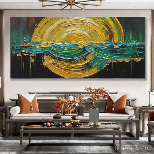 BUYARTVIEW Abstract Sunburst Oil Painting - Gold and Green Art - image 2