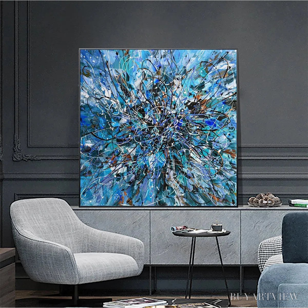 BUYARTVIEW Azure Exploration – Abstract Blue and Black Oil Painting - image 6