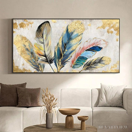 BUYARTVIEW Golden and Blue Feathers – Vibrant Feather Painting, Horizontal - image 2