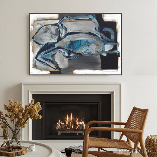 BUYARTVIEW Azure Depths – Abstract Blue and Gold Oil Painting - image 2