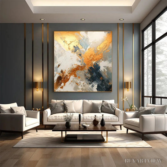 BUYARTVIEW Gilded Confluence – Square Abstract Oil Painting with Gold, and Grey - image 2
