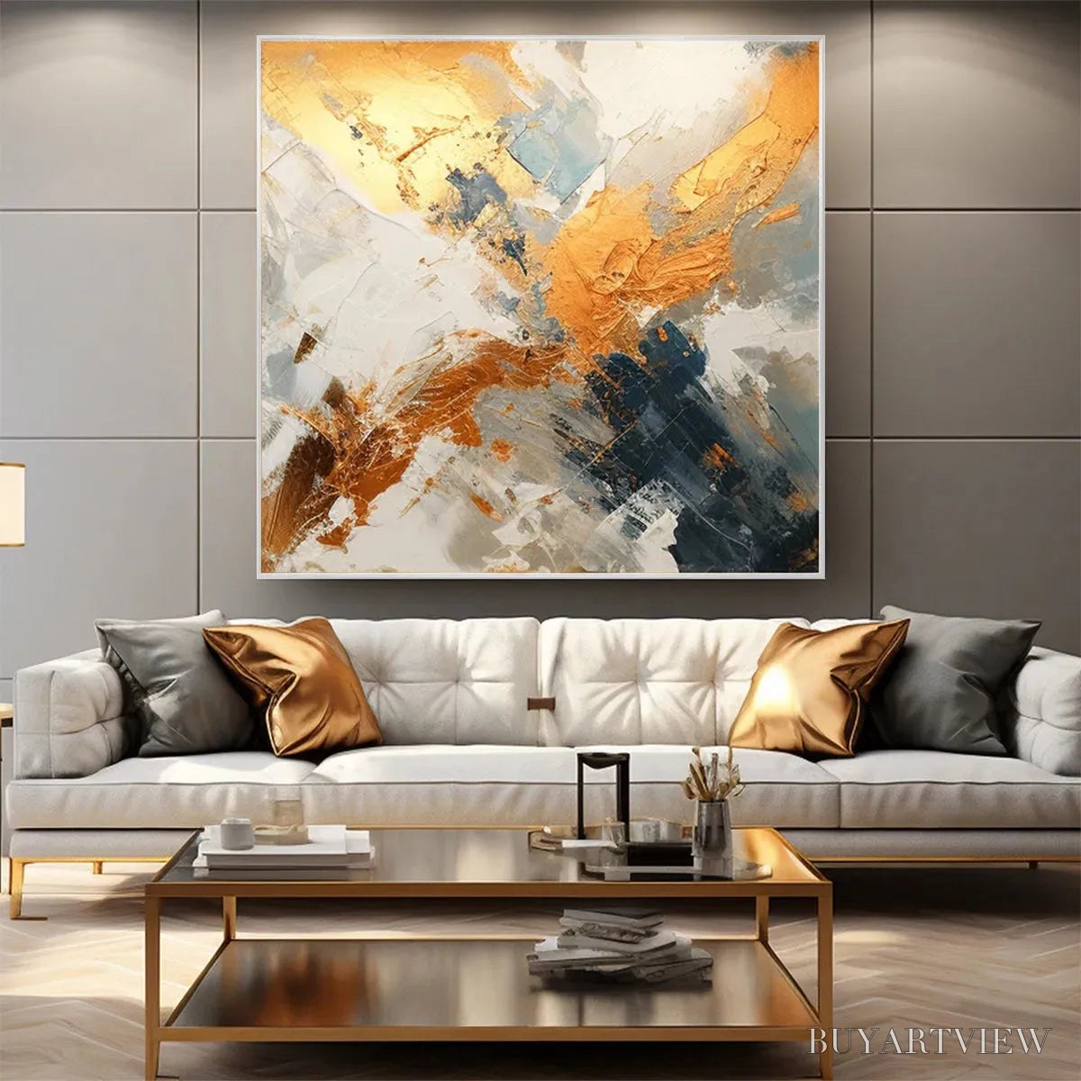 BUYARTVIEW Gilded Confluence – Square Abstract Oil Painting with Gold, and Grey - image 6