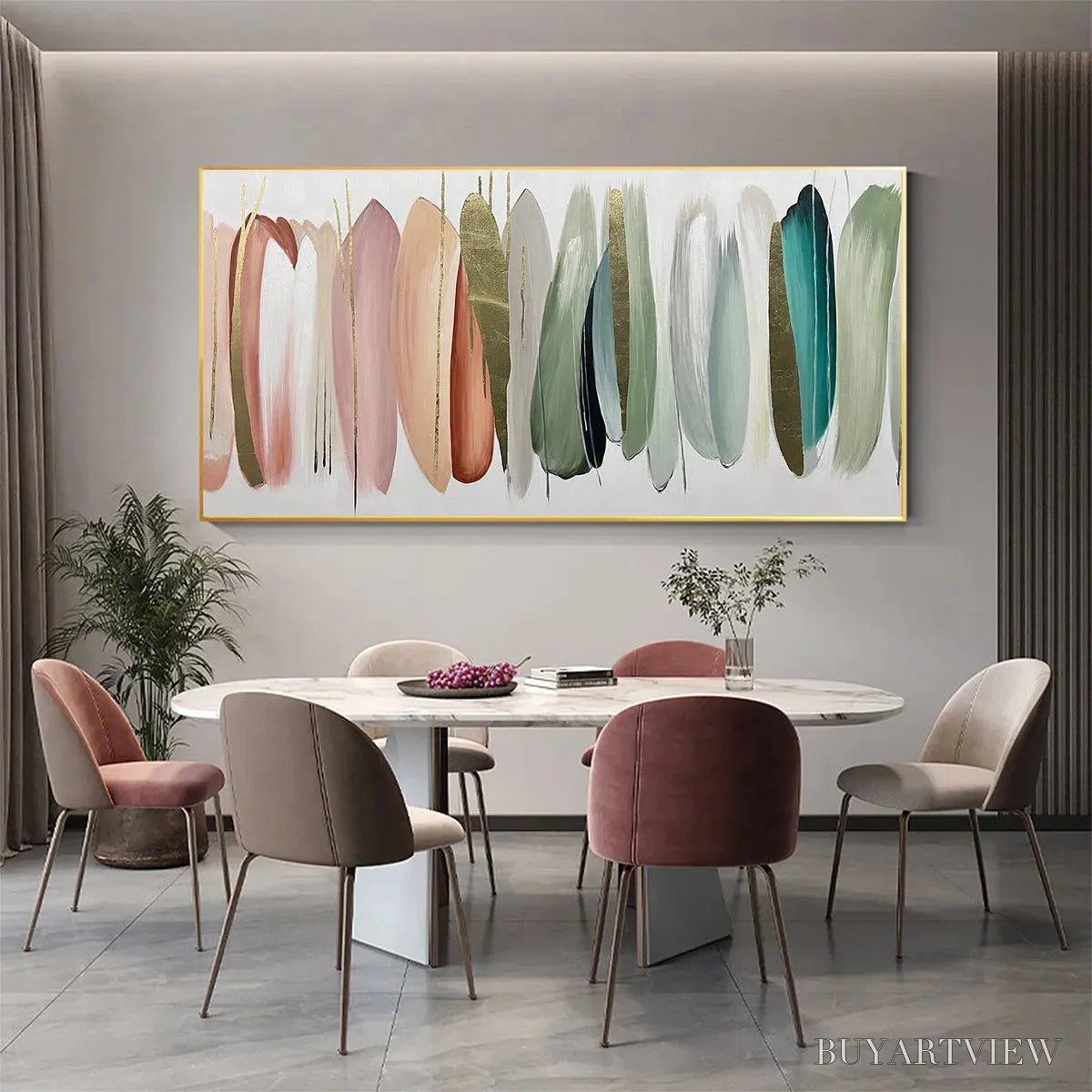 BUYARTVIEW Autumn Whispers – Abstract Painting in Pink, Green, and Gold, Horizontal Canvas, Modern - image 6