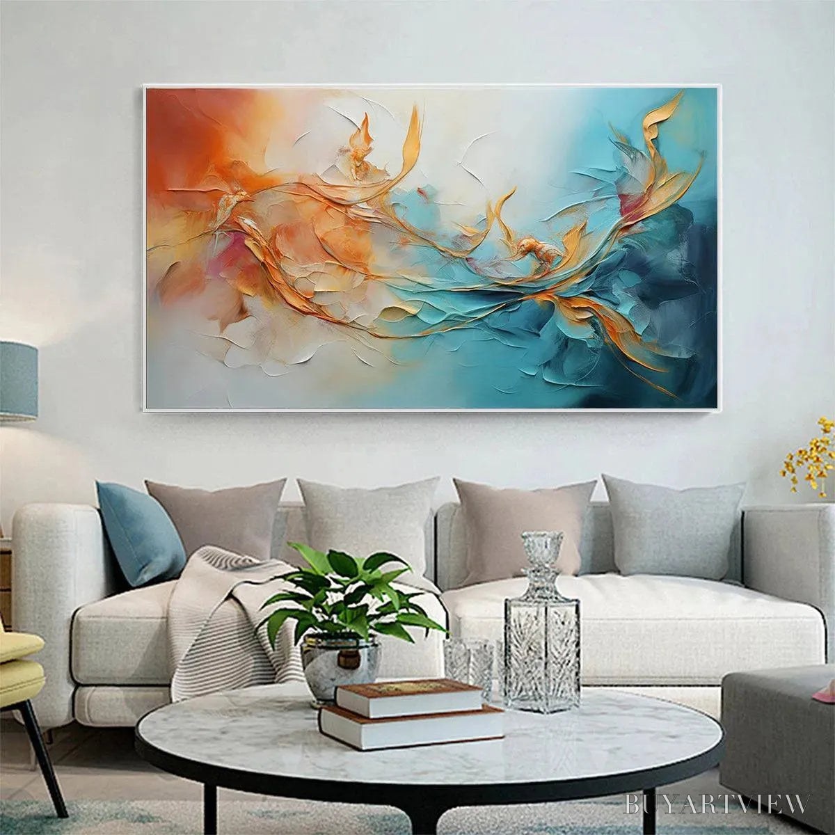 BUYARTVIEW Golden Currents – Panoramic Abstract Teal and Gold Oil Painting - image 6