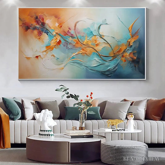 BUYARTVIEW Serene Dawn – Panoramic Abstract Teal and Gold Oil Painting - image 2