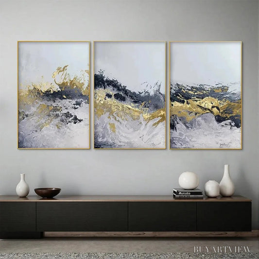 BUYARTVIEW Gold & Grey Abstract Triptych – Abstract Painting Set of 3, Vertical - image 2