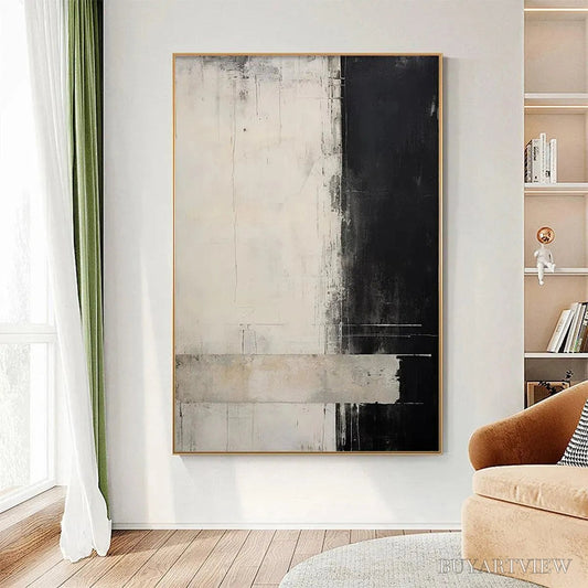 BUYARTVIEW Monochrome Minimalism – Abstract Painting, Black and White , Textured Canvas, Vertical - image 2