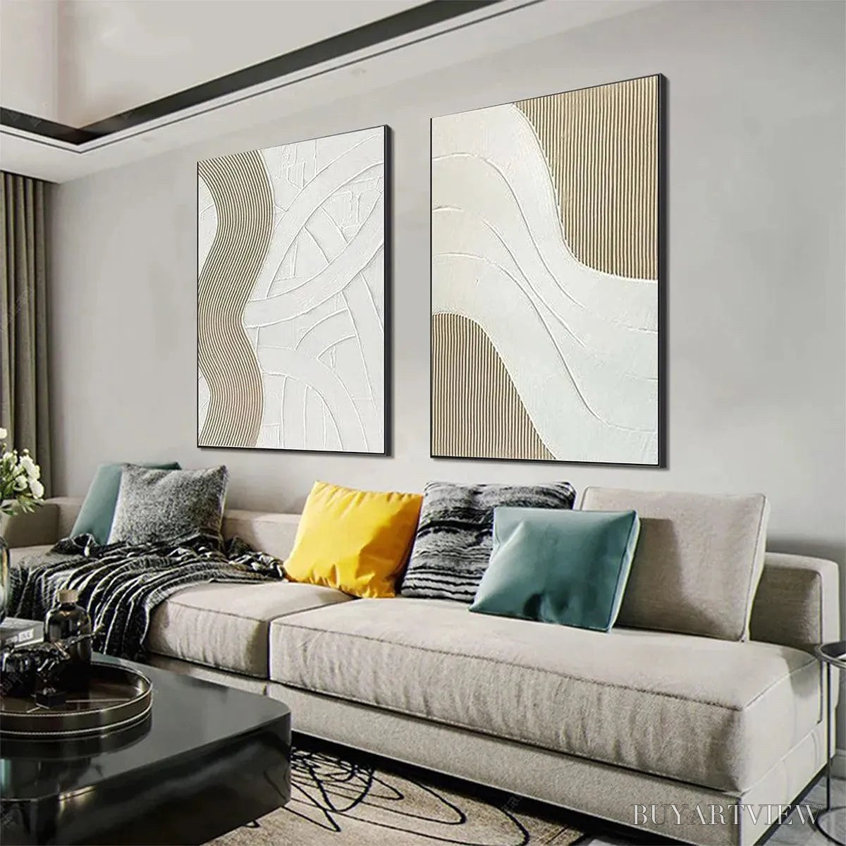 BUYARTVIEW Textured White Lines Diptych – Minimalist Textured Painting Set of 2, Square - image 6