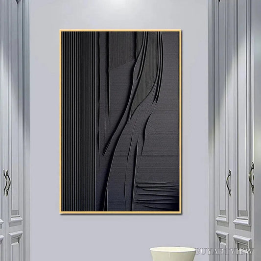 BUYARTVIEW Black Textured Lines and Curves – Minimalist Textured Abstract Painting - image 2