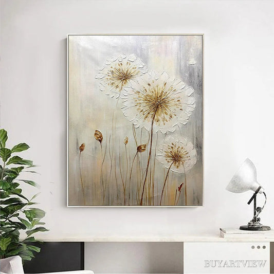 BUYARTVIEW Whispers of Gold – Textured Dandelion Painting on Vertical Canvas - image 2
