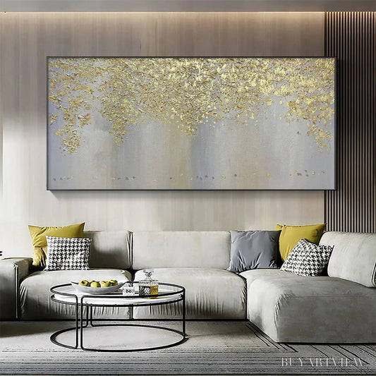 BUYARTVIEW Golden Drizzle – Gold Leaf Abstract Painting, Grey and Gold , Horizontal Canvas, Modern Decor - image 2