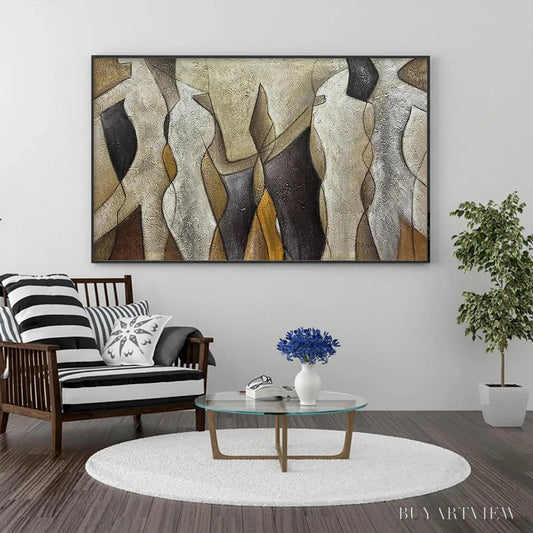 BUYARTVIEW Abstract Figures – Textured Abstract Figures Painting, Beige and Brown , Horizontal Canvas, Modern Decor - image 2