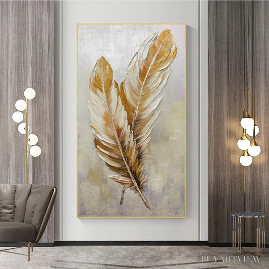 BUYARTVIEW Golden Grace – Vertical Painting of Golden Feathers, Textured Impasto, Modern - image 2