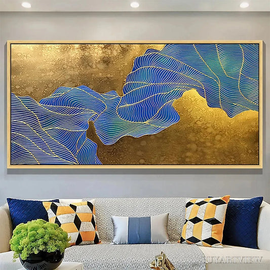 BUYARTVIEW Golden Flow – Abstract Blue and Gold Oil Painting - image 2