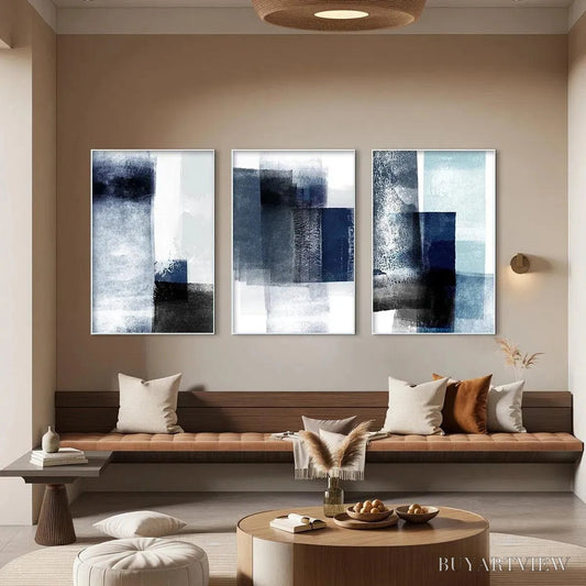 BUYARTVIEW Blue Abstract Triptych – Abstract Painting Set of 3, Vertical - image 2