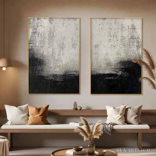 BUYARTVIEW Black & White Abstract Diptych – Textured Abstract Painting Set of 2, Vertical - image 2