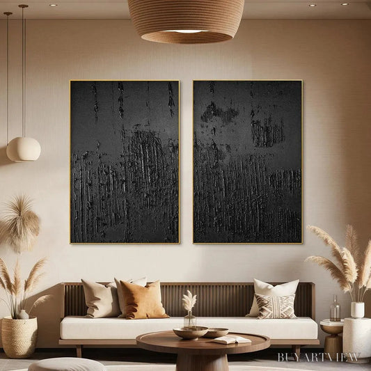 BUYARTVIEW Black Textured Diptych – Textured Abstract Painting Set of 2, Vertical - image 2