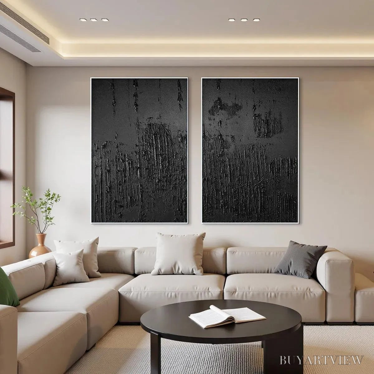 BUYARTVIEW Black Textured Diptych – Textured Abstract Painting Set of 2, Vertical - image 6