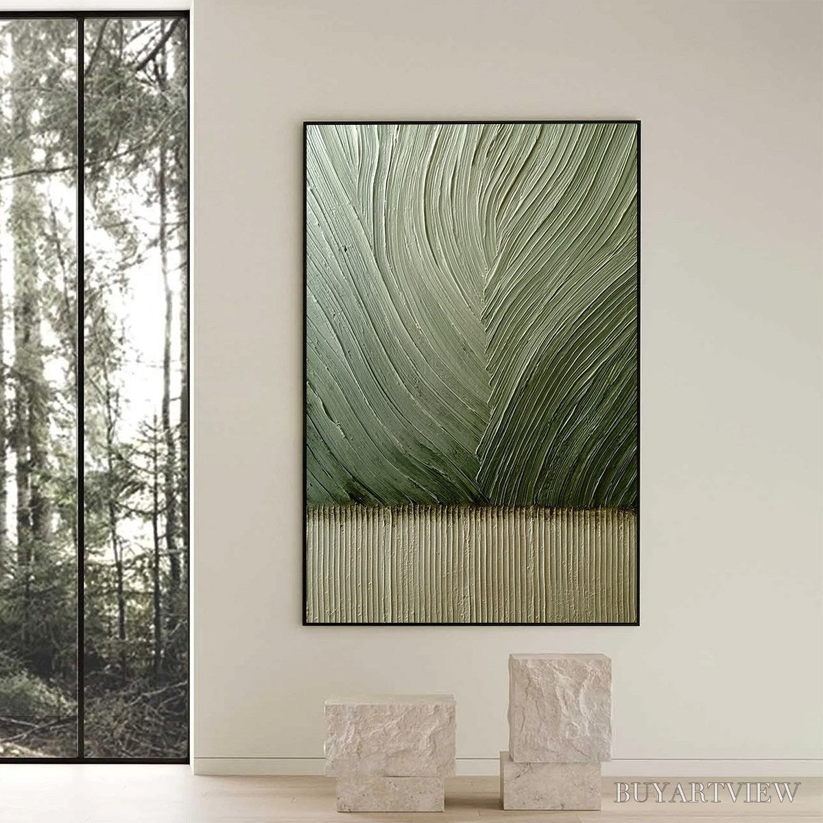 BUYARTVIEW Earthen Weave – Textured Green and Beige Wabi Sabi Abstract Painting - image 6