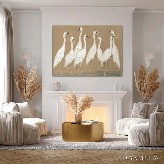BUYARTVIEW the Gathering – Beige Wabi Sabi Egret Flock Oil Painting on Canvas - image 2