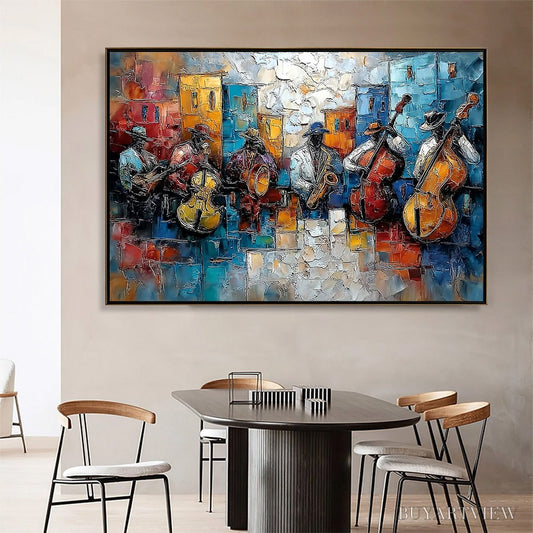 BUYARTVIEW Urban Melody – Textured Impasto Painting of a Jazz Band Street Performance - image 2