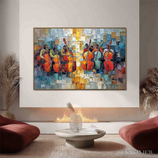 BUYARTVIEW Rhythm in Hue – Textured Palette Knife Painting of a Cello Ensemble - image 2