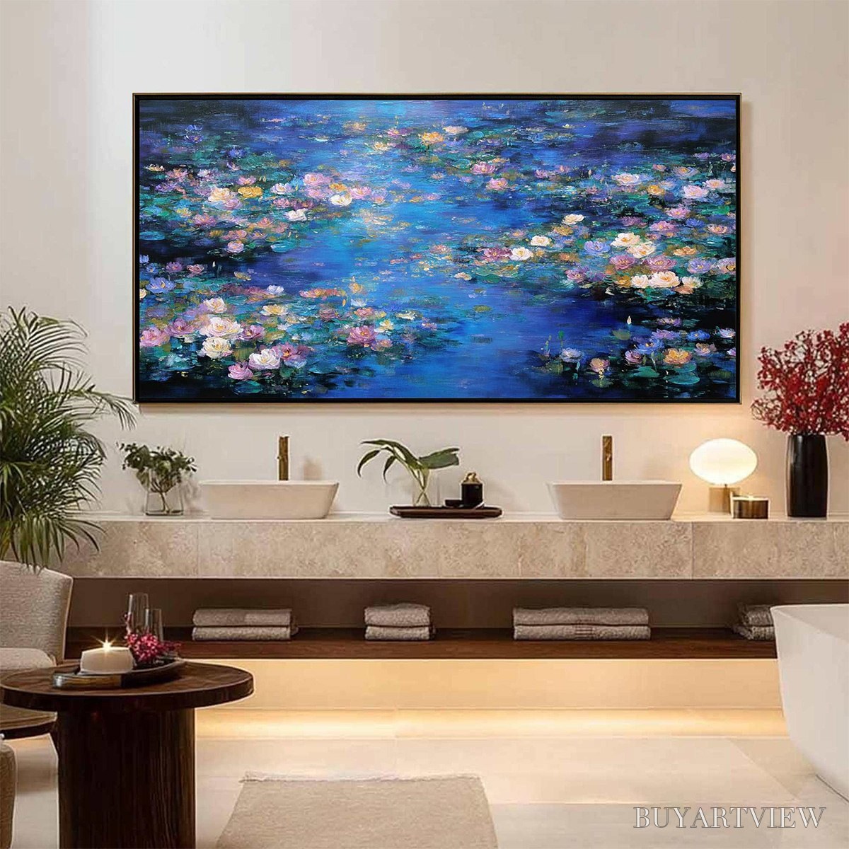 BUYARTVIEW Serene Reflections – Impressionistic Textured Water Lily Pond Oil Painting - image 6