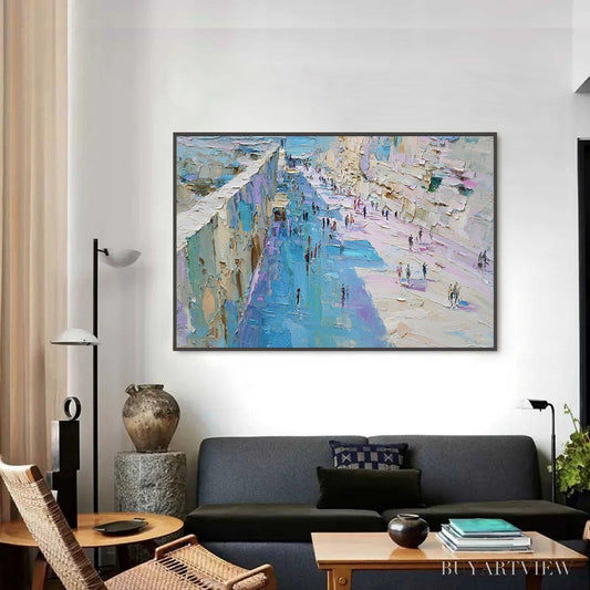 BUYARTVIEW Coastal Promenade – Textured Palette Knife Cityscape Painting of a Seaside Stroll - image 2