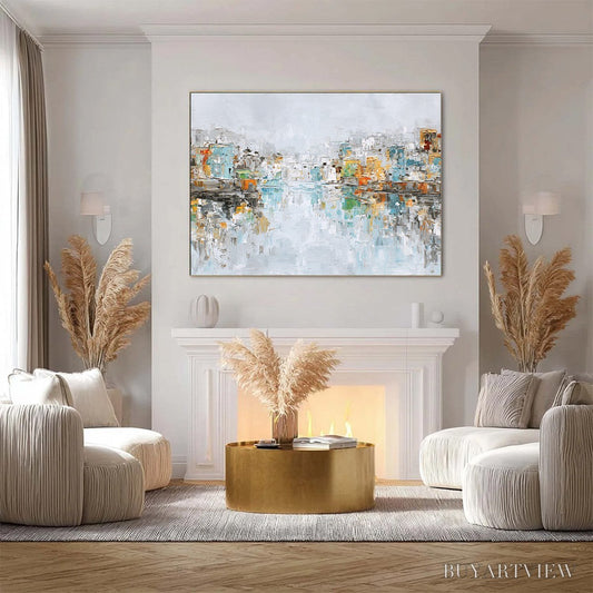 BUYARTVIEW Waterfront Vibrancy – Textured Abstract Cityscape Oil Painting on Canvas - image 2