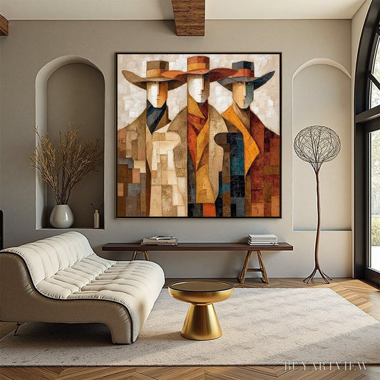 BUYARTVIEW the Unison – Abstract Textured Figurative Painting of Three Men - image 2