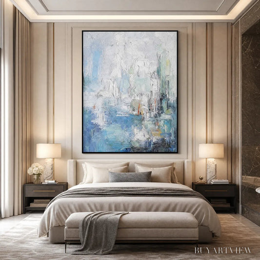 BUYARTVIEW Seaside Reverie – Textured Abstract Painting of a Coastal City - image 2