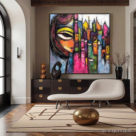 BUYARTVIEW Urban Muse – Large Colorful Abstract Portrait and Cityscape Painting - image 2