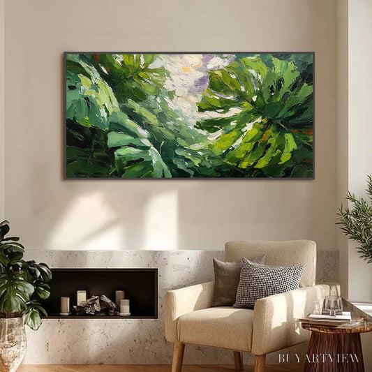 BUYARTVIEW Emerald Gaze – Textured Palette Knife Painting of Sunlit Tropical Leaves - image 2