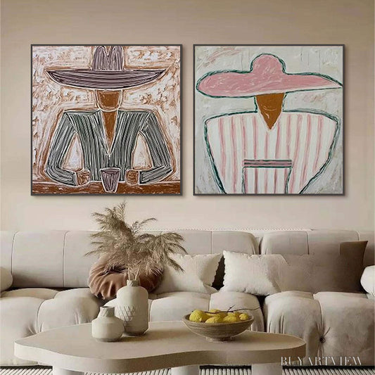 BUYARTVIEW Sombrero Duet – Textured Figurative Portrait Diptych - image 2