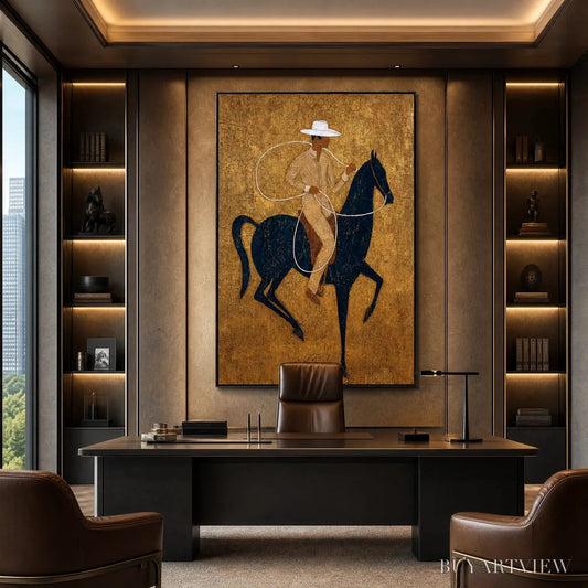 BUYARTVIEW Golden Lasso – Textured Wabi Sabi Painting of a Horseman - image 2