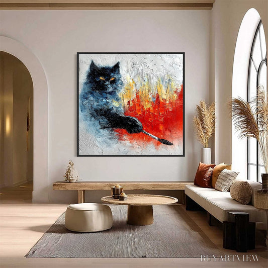 BUYARTVIEW Midnight Painter – Textured Impasto Black Cat Painting with Abstract Colors - image 2