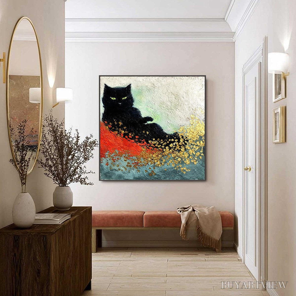 BUYARTVIEW Midnight Reign – Abstract Black Cat Painting with Gold Leaf Texture - image 6