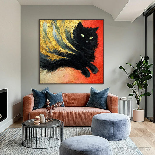 BUYARTVIEW Ember Eyes – Bold Abstract Black Cat Painting with Gold Leaf - image 2