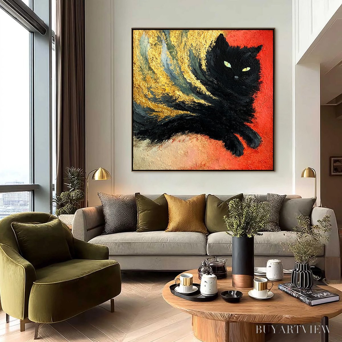 BUYARTVIEW Ember Eyes – Bold Abstract Black Cat Painting with Gold Leaf - image 6