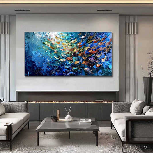 BUYARTVIEW Oceanic Convergence – Textured Impasto Painting of a Vibrant School of Fish - image 2