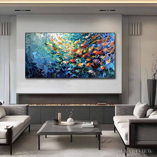 BUYARTVIEW Oceanic Rush – Textured Palette Knife Painting of a School of Fish - image 2