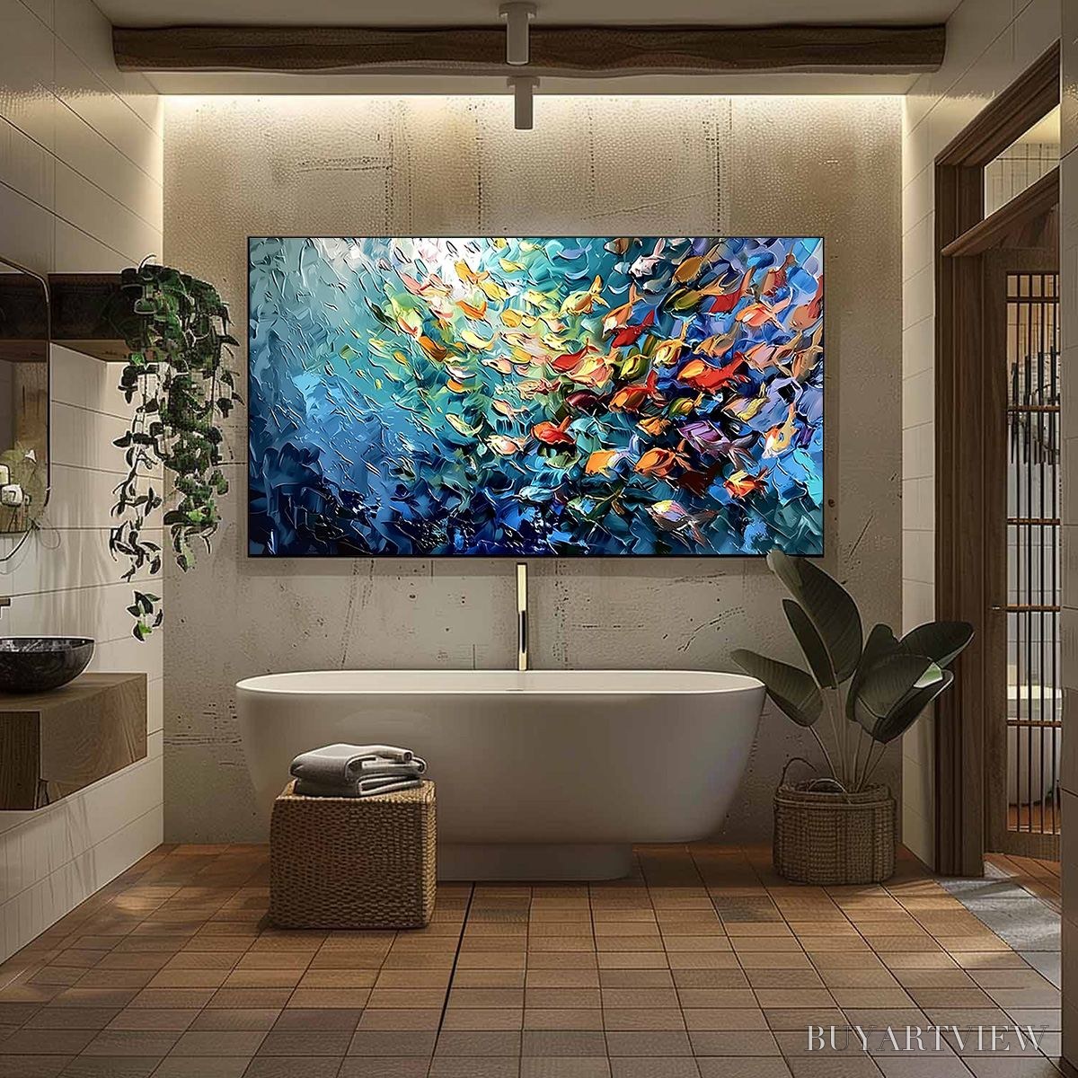 BUYARTVIEW Oceanic Rush – Textured Palette Knife Painting of a School of Fish - image 6