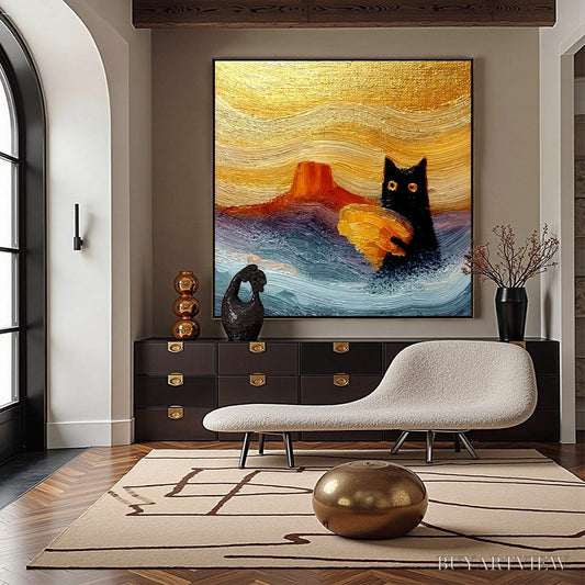 BUYARTVIEW Lunar Thief – Whimsical Black Cat Impasto Texture Painting - image 2