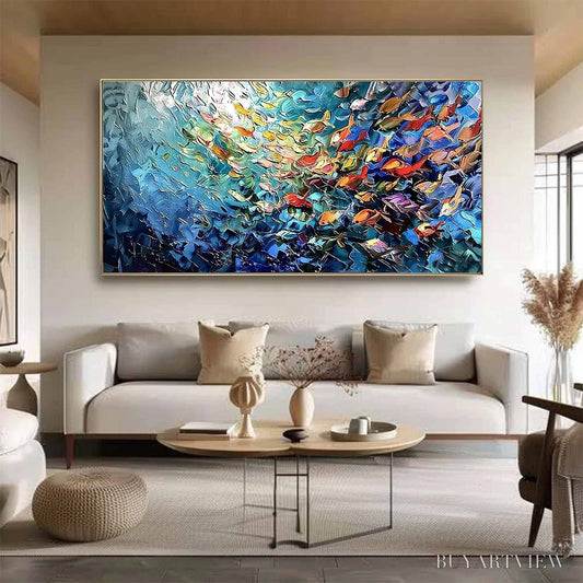 BUYARTVIEW River of Life – Colorful Abstract Fish School Impasto Oil Painting - image 2